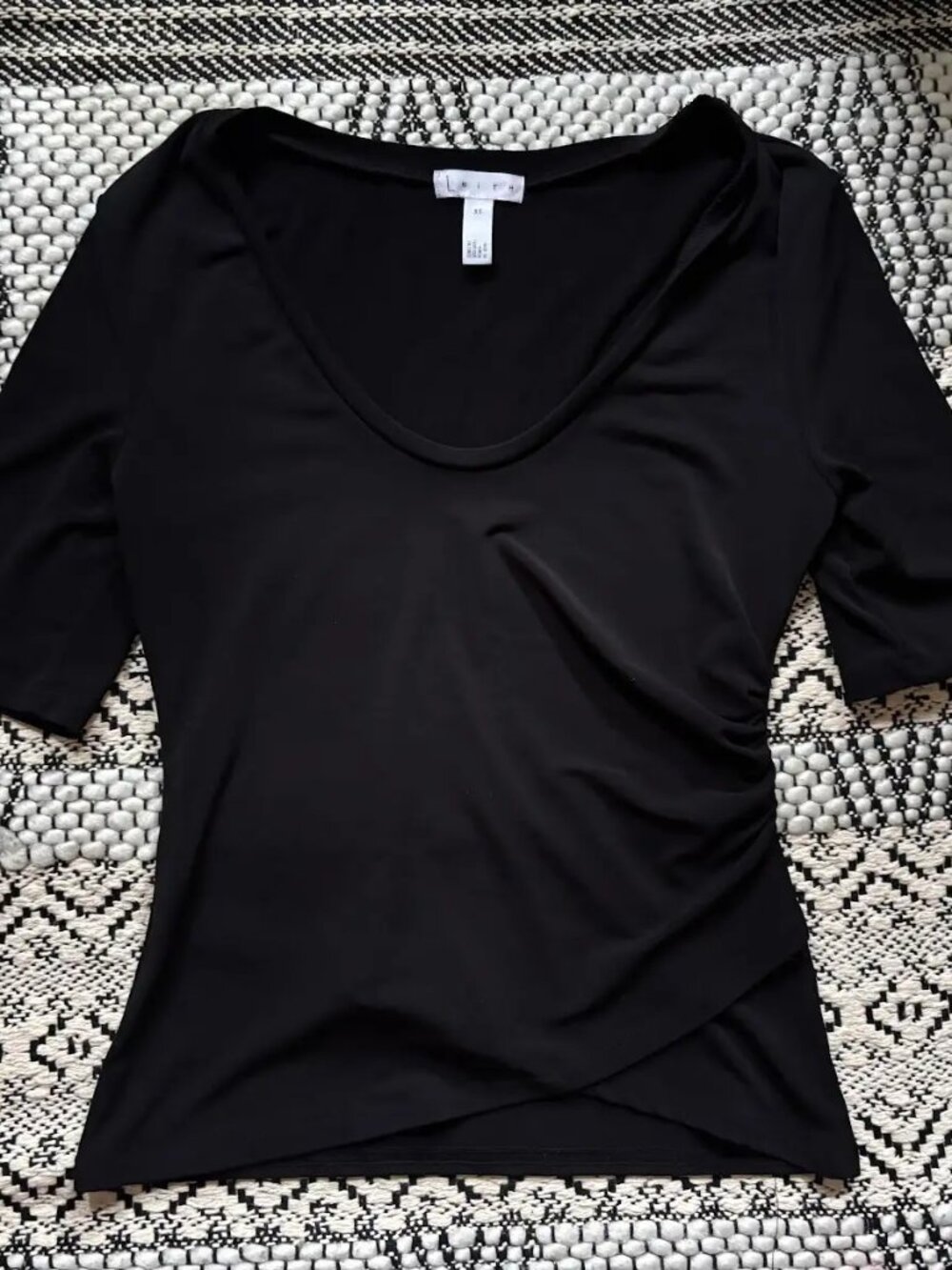 Leith Womens Black Stretch Shirt 3/4 Sleeve Ruched Side Size XS